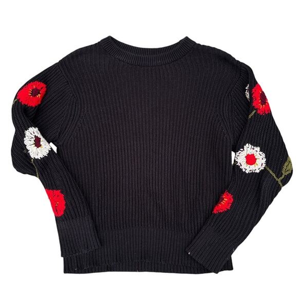 Lucky Brand Black Cotton Sweater XS Floral Sleeve Embroidery Boho - Picture 1 of 6